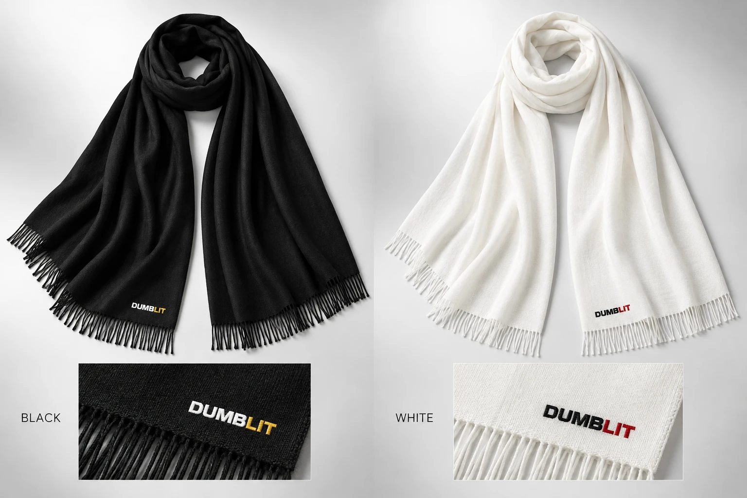 Black and gold and white and red Dumblit paisley pashminas with fringe and woven wordmarks