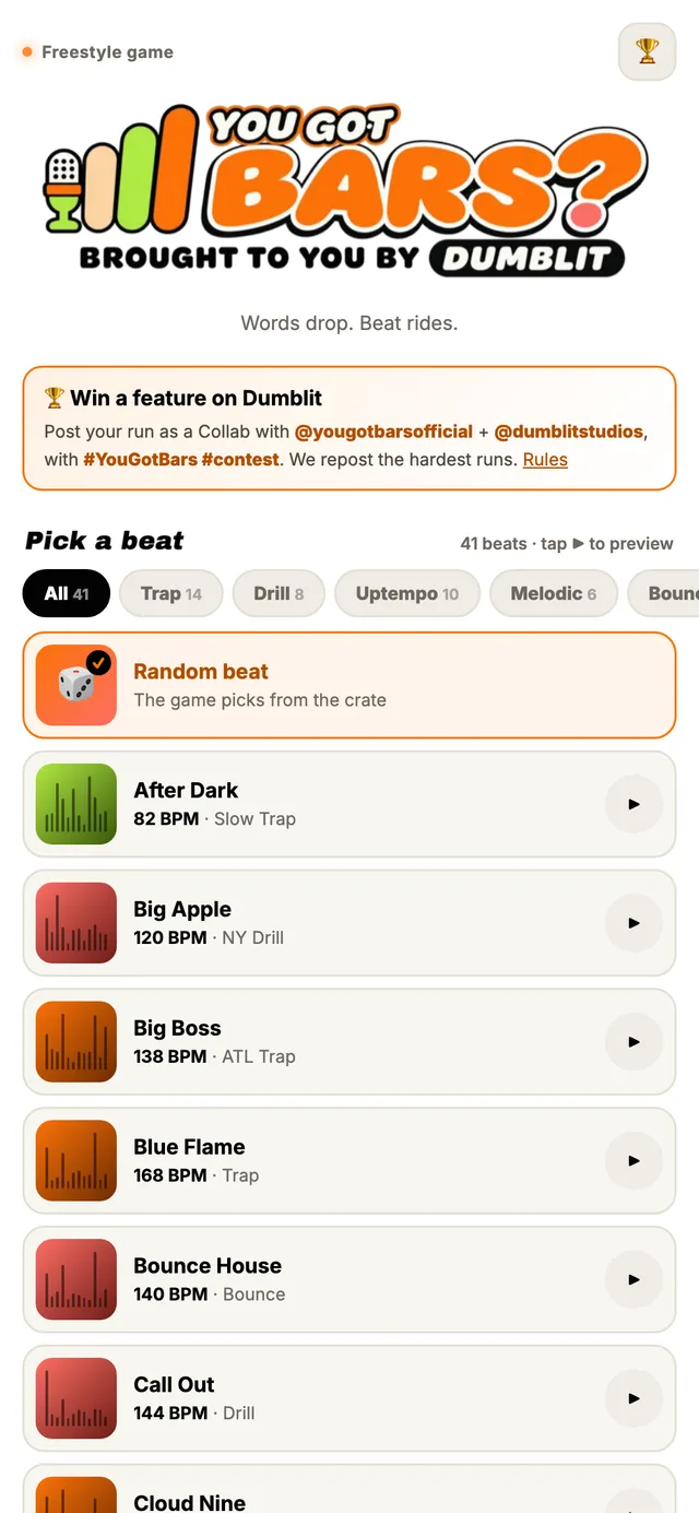 The You Got Bars? home screen: pick a Dumblit beat